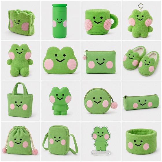 A grid of green character plush toys, bags and drinkware